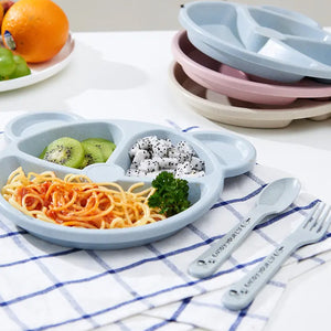 Kids 3 Compartment Food Tray Plates With Spoon Fork (1 Set)