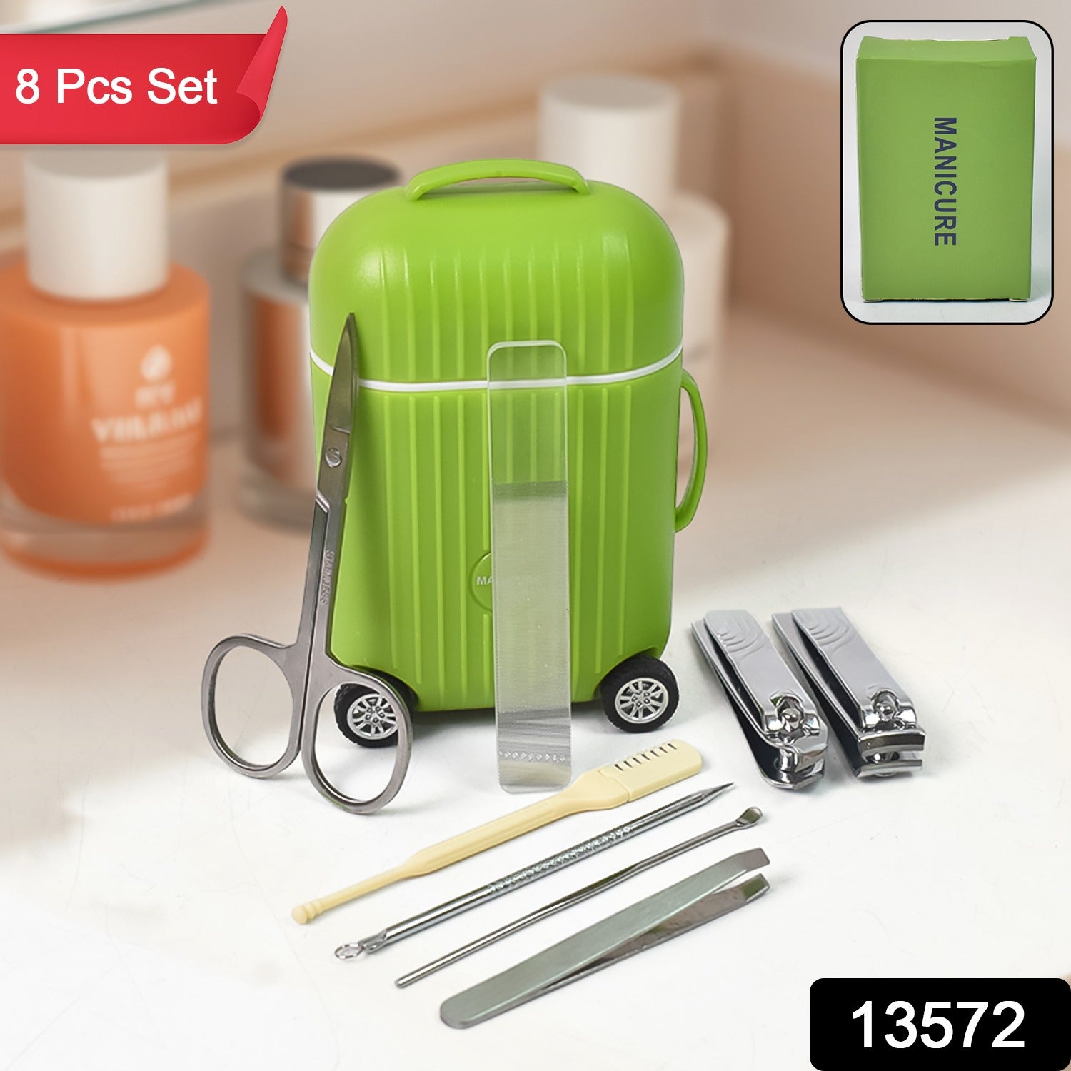 Manicure Kit Pedicure Tools For Feet Nail Clipper (8 Pcs Set With Mini 4 Wheel Suitcase Trolley)